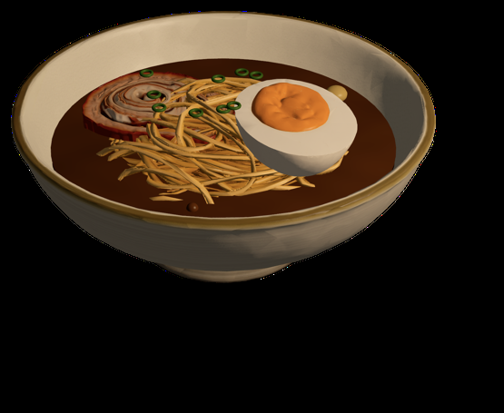 Noodles, chashu and egg in a bowl of shoyu ramen
